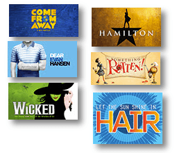 Collage of musical theatre posters: Come From Away, Hamilton, Dear Evan Hansen, Something Rotten!, Wicked and HAIR