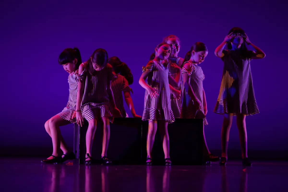 OVATION! kids tap dance class in striped dresses performing on boxes in Richmond Hill